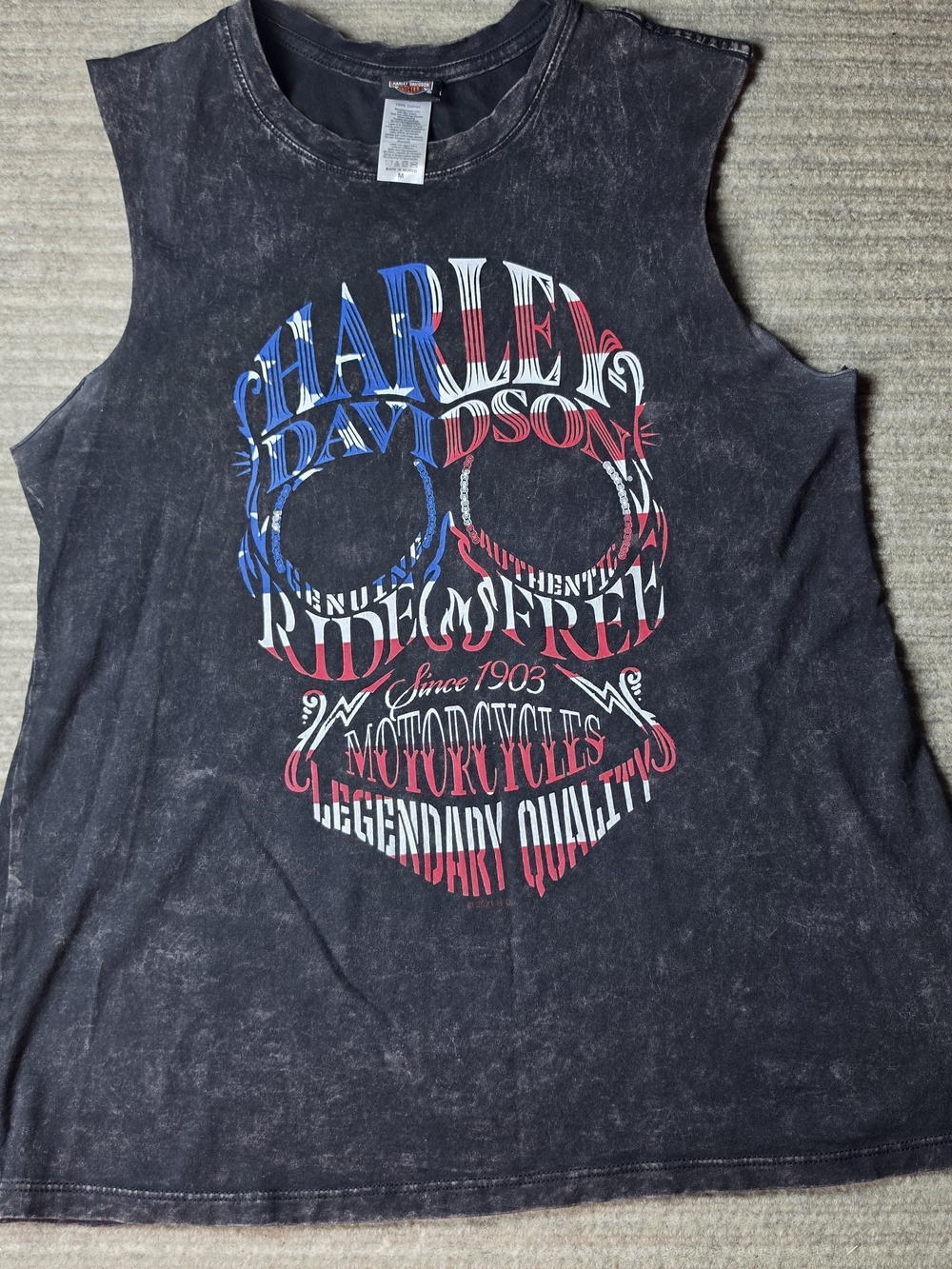 Harley-Davidson Black Tank Top Red White Blue Skull July 4th Sz Medium USA